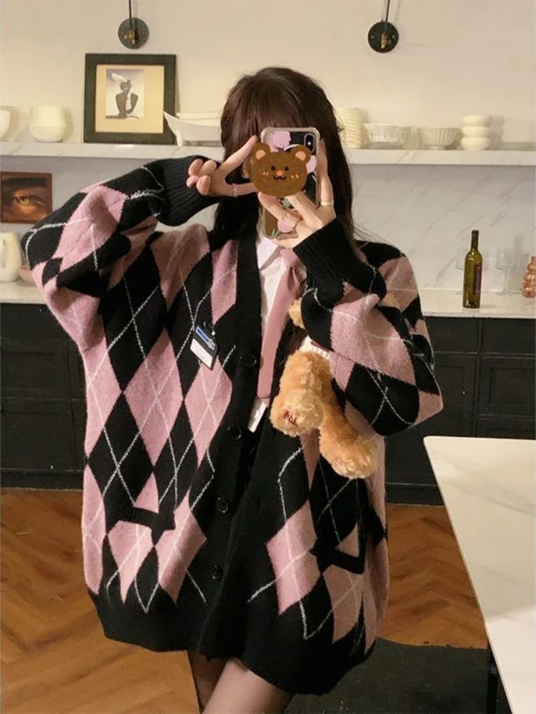 

Preppy Style Argyle Knitted Cardigan Women Harajuku Sweet Pink Oversized Sweater Retro V-neck Long Sleeve Knitwear Tops