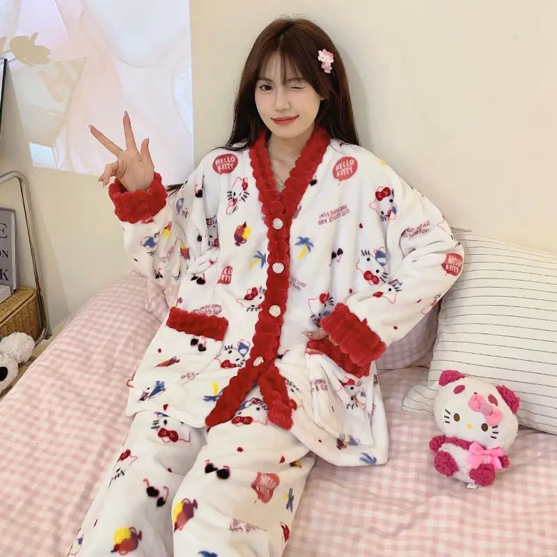 New Sanrio Sleepwear Hello Kitty Pajamas Warm Thickened Woman Winter Cartoon Home Suit Sweet Nightgowns Cute Loungewear Pj Pants