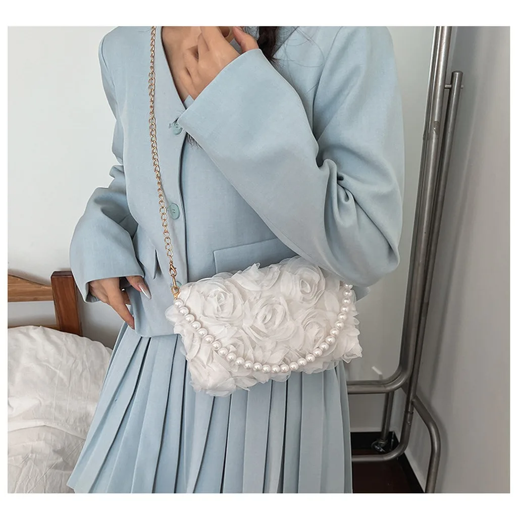 Women's 3D Floral Lace Mesh Handbag Pearl Handle Adjustable Chain Shoulder Crossbody Bag for Daily Evening Use