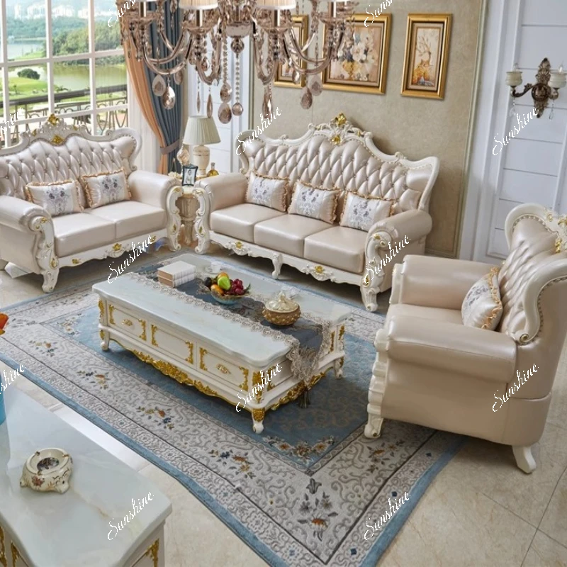 Leather sofa living room high-end all-solid wood double-sided engraved 123 concubine combination