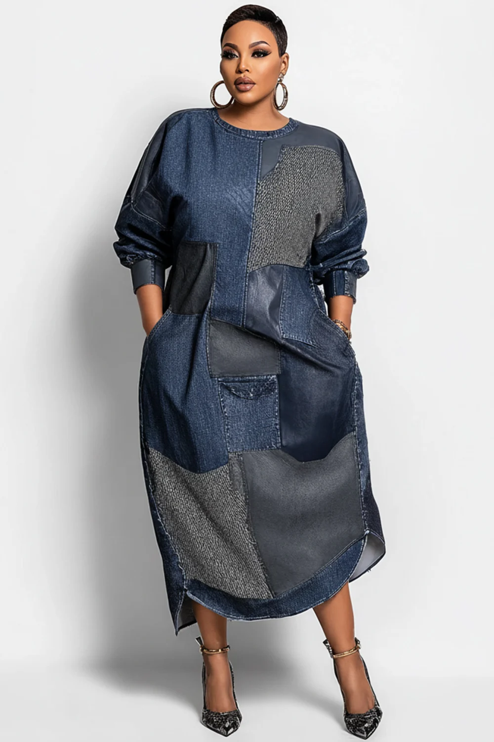 

Plus Size Business Casual Blue Colorblock Round Neck Long Sleeve Contrast Elegant Pocket PU Leather Midi Dresses
