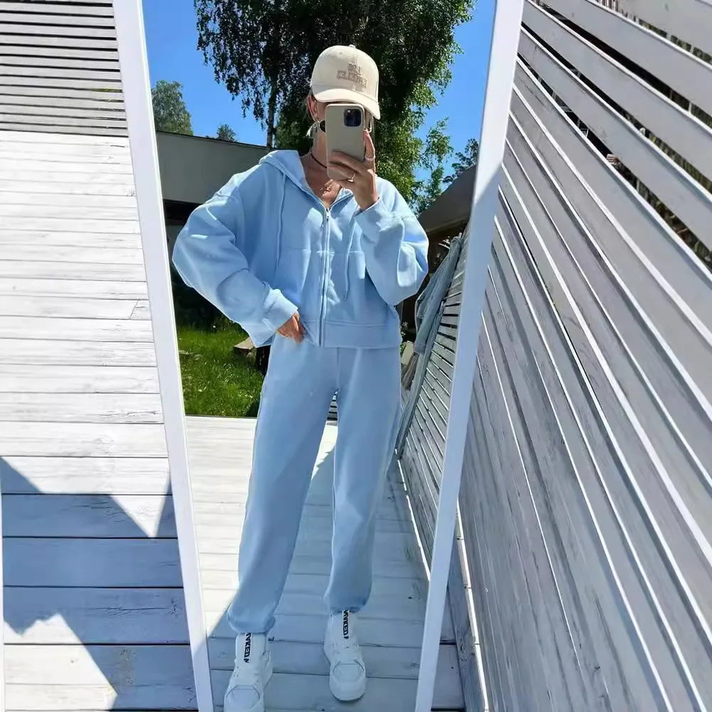 

Casual Tracksuit Ladies Drawstring Jogger Two Piece Set Solid Color Long Sleeve Matching Set Lightweight Womens Sport Suit