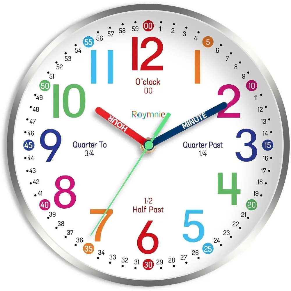 

wall clock, silent, battery-powered, color-coded teaching clock.