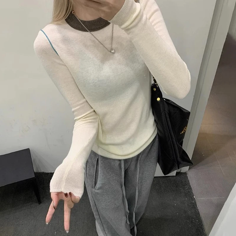 Women's Fashion Retro Contrast Color Round Neck Long Sleeve Slim Knitted Sweater