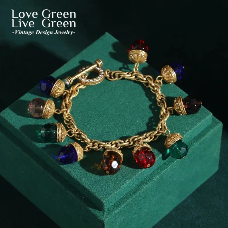 

Vintage Colorful Glass Ball Charm Crystal Bracelets Natural Stone Gold Color Antique Women Jewelry Bracelet Girls New In Gift
