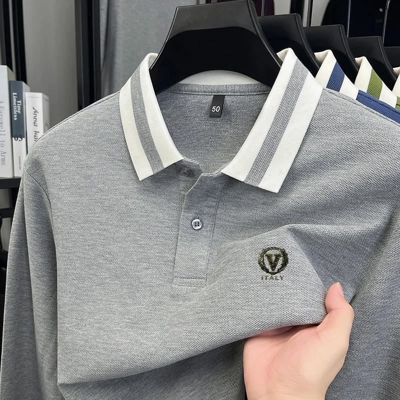 

100Cotton V Letter Print Men's Polo Shirt Brand Design Soft Skin Friendly Long Sleeve T-Shirt Autumn Fashion Business Men'swear