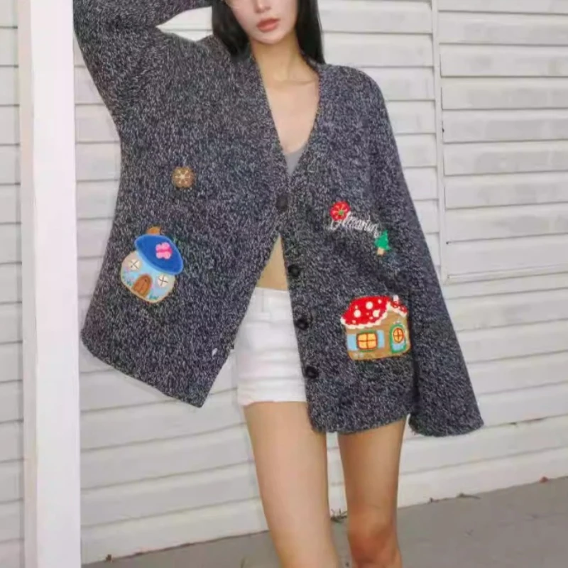 Cute Cottage Embroidered Cardigan Women’s Fall Winter Knit Sweater Vintage Loose Button Down Knitwear Outerwear