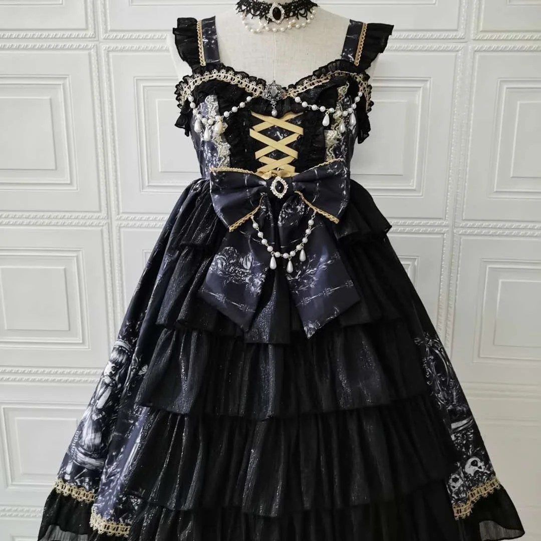 Imagem -05 - Vestido Feminino Preto Princesa Lolita Estampa Gótica Vintage Miçangas sem Mangas sem Costas Vestidos de Fadas Jsk Japonês Gótico