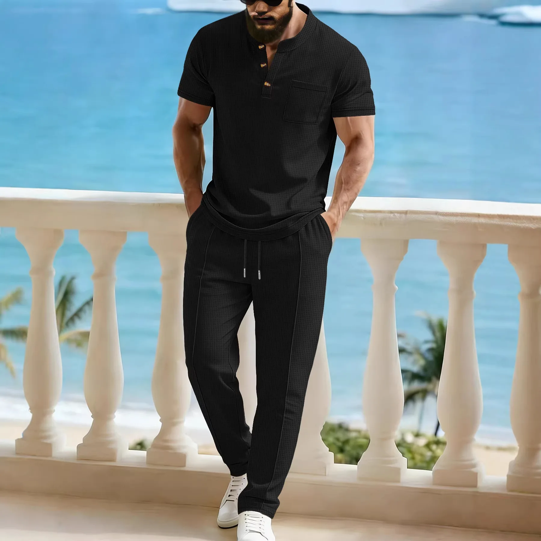 Men's Casual Waffle Knit 2 Piece Tracksuit | Henley Shirt & Drawstring Pants Set for Streetwear Vacation