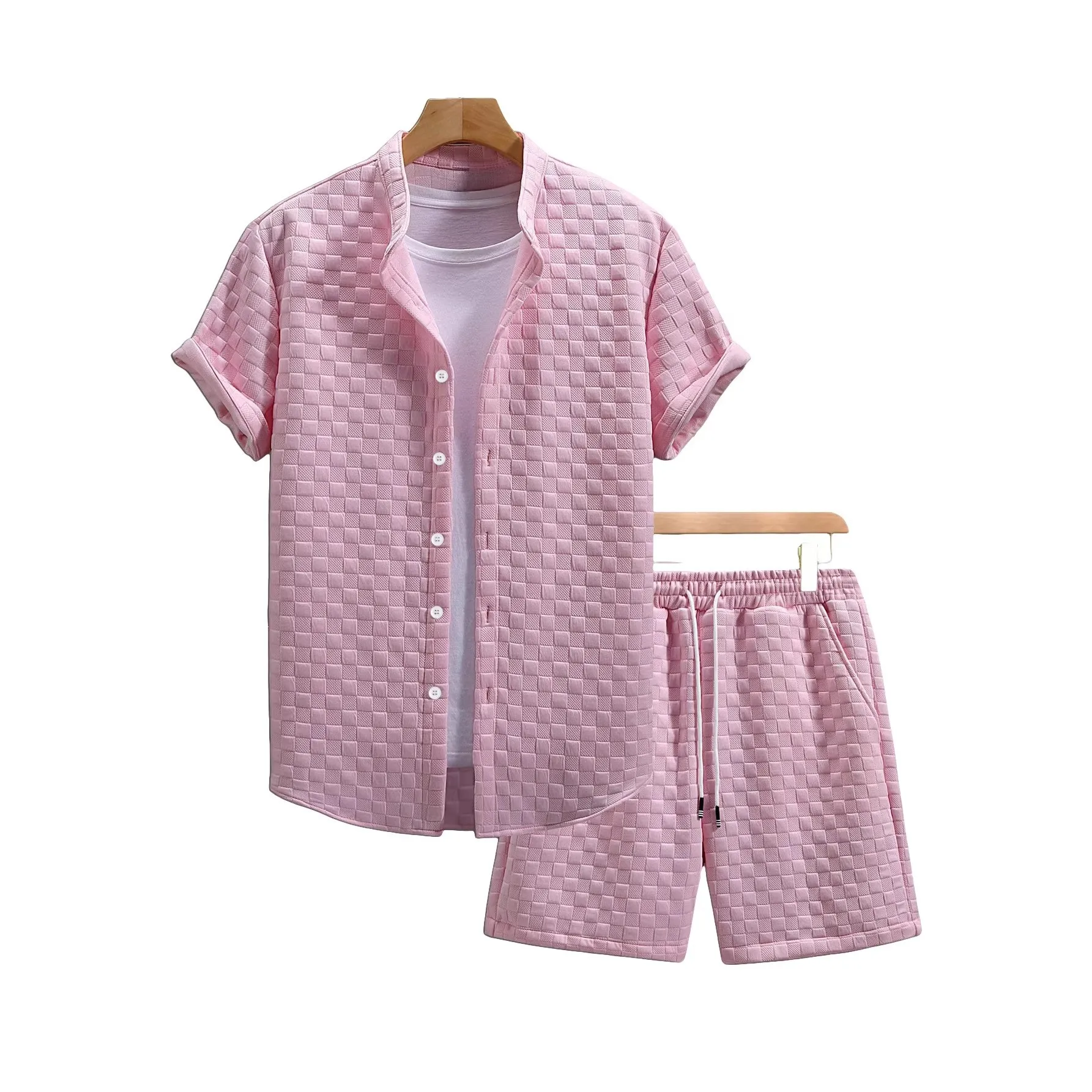 

Pink Waffle Knit Shirt Solid Color Short Sleeve Shirt Collared Relaxed Fit Casual Shirt Mandarin Collar Black Button Down Shirt
