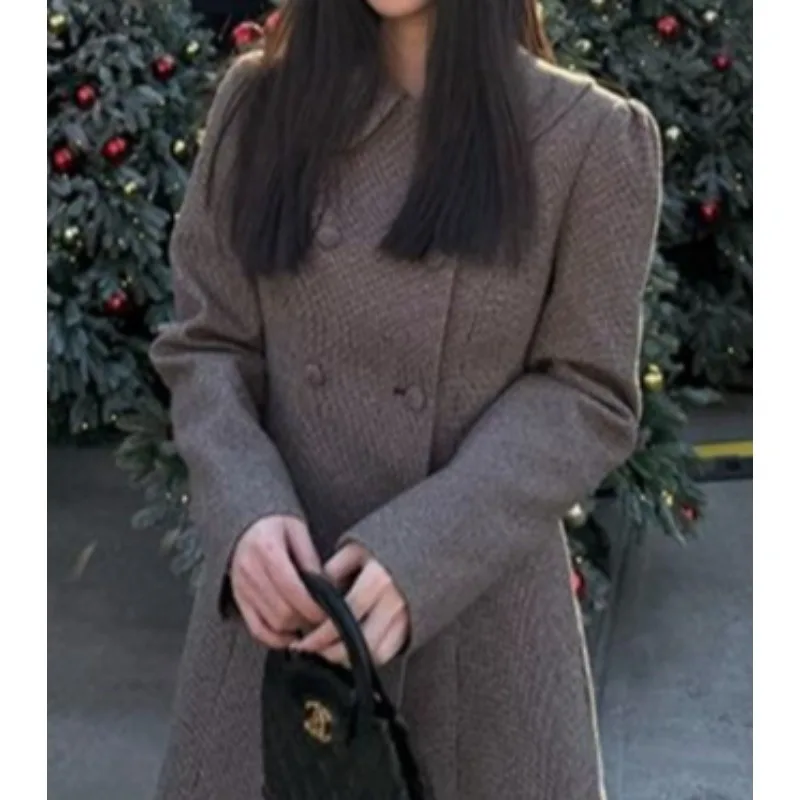 سترة صوفية رفيعة ونحيفة باللون البني للخريف والشتاء، سترة كاجوال كورية جديدة ذات ياقة دمية راقية مزدوجة الصدر #4