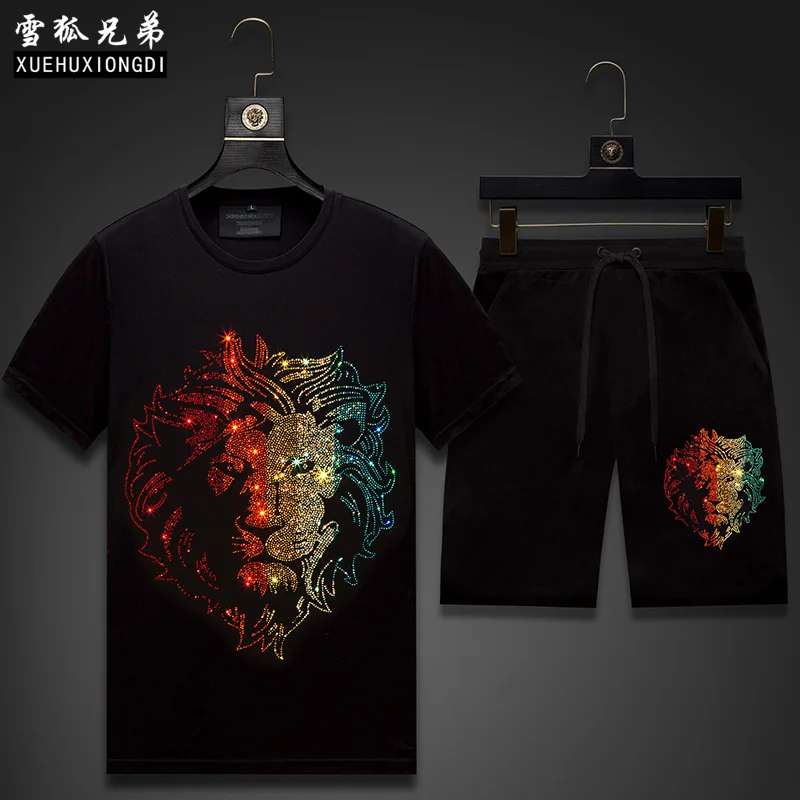 

2024 Men Clothing Summer Sportswear Lion Colorful Rhinestones Mens Track Suit Set 2 Pieces Casual Jogger Sets Ropa De Hombre