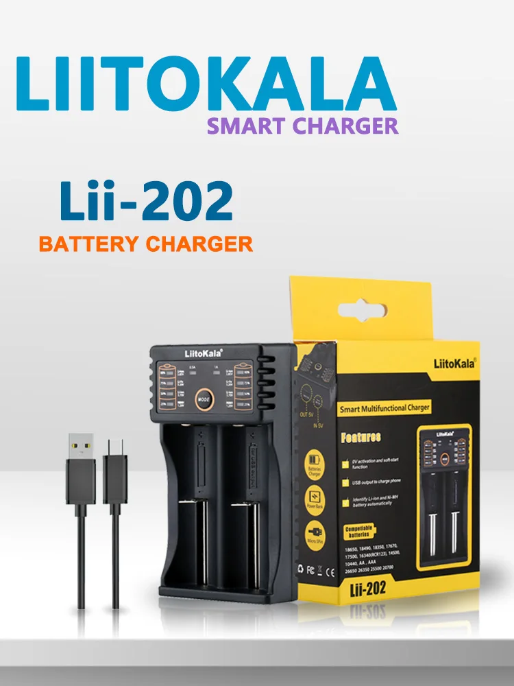 LiitoKala Lii-202 Inteligentna Ładowarka USB C z Podwójnym Gniazdem Szybkiego Ładowania 18650 26650 18500 17500 16340 14500 10440 NiMH Li Ion 1.2V 3.7V — zdjęcie produktu 7