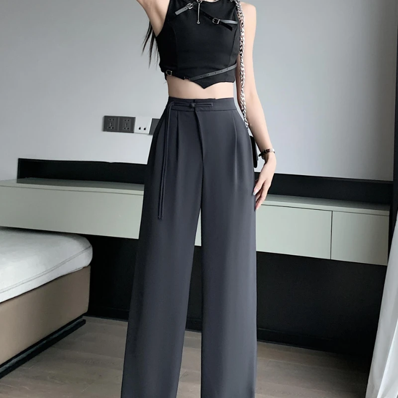 Seoulish High Waist White Suit Wide Leg Women‘s Full Pants Spring Summer Female Elegant Minimalism Straight Loose Trousers 2024