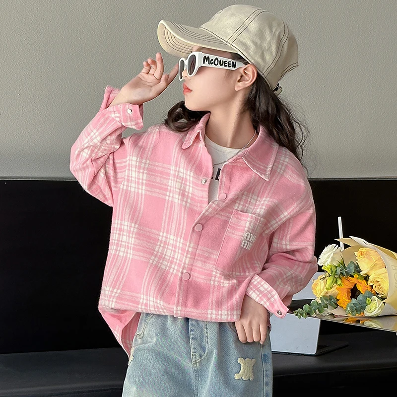 Leisure Girls Blouse Loose Fashion Plaid Shirt Casual Versatile Check Shirt Childrens Summer Coat Long sleeved Girls Autumn wear