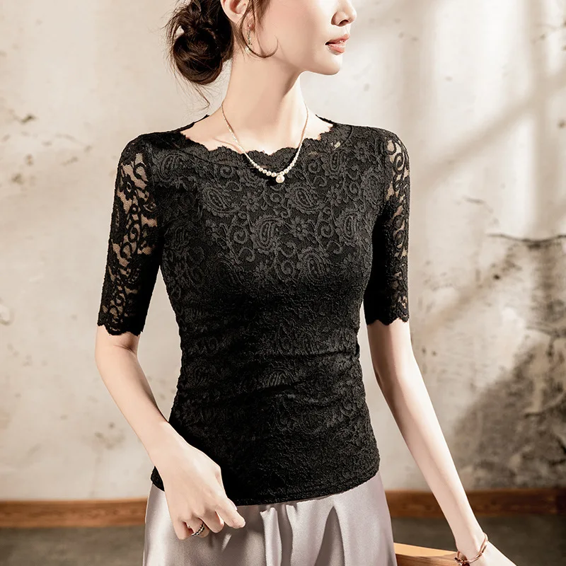 

One-line Collar Lace Patchwork Top Women's Five-quarter Sleeves 2025 Spring/summer Women's Half-sleeve Slim Solid Color Top