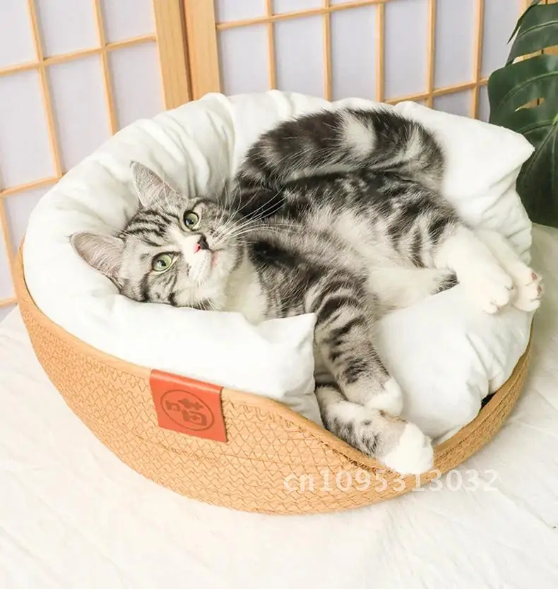 

Hoopet Four Seasons Pet Cozy Kennel for Cat Puppy Dog Weaving Nest Bamboo Accessaries Handmade Beds Pet Sofa Bed Cat