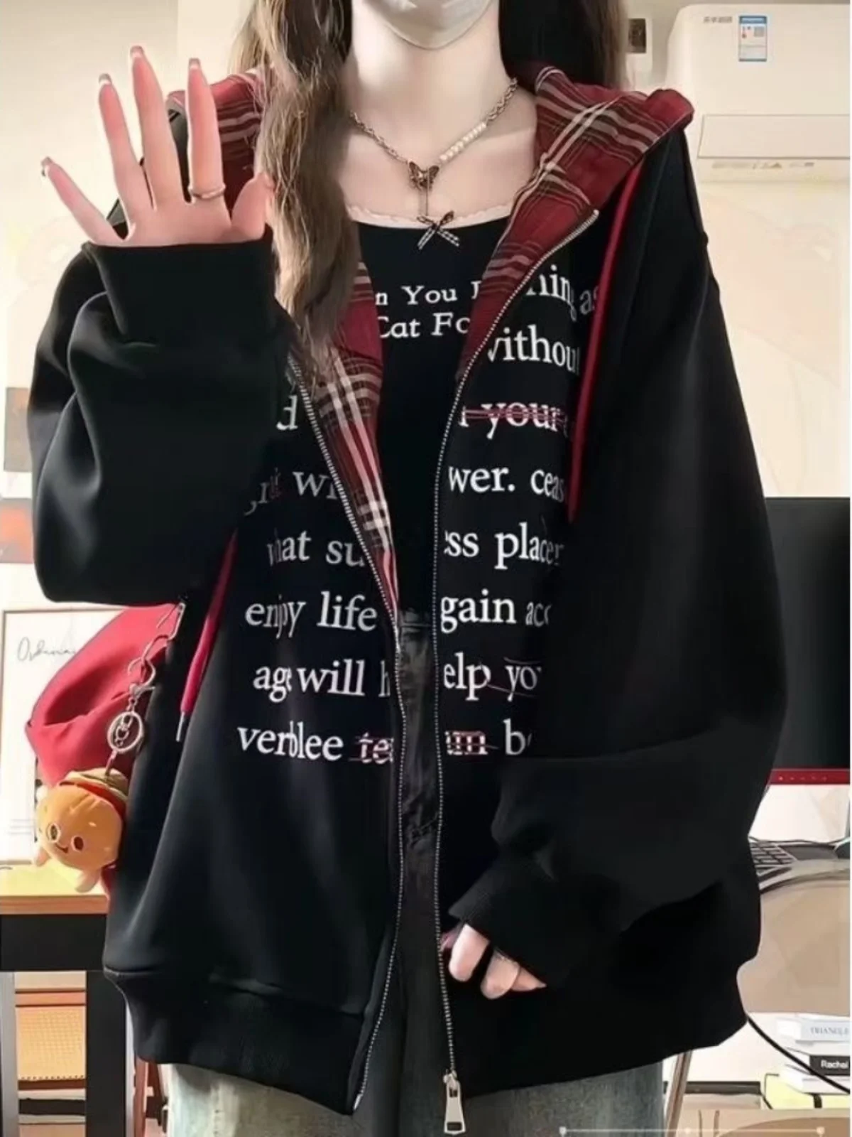 เสื้อฮู้ดดี้คาร์ดิแกนผู้หญิง ดีไซน์ลายสก็อตแบบเรโทร ตัดต่อผ้าสไตล์เกาหลี ทรงหลวม แขนยาว ผ้าโพลีเอสเตอร์ ปิดด้วยซิป