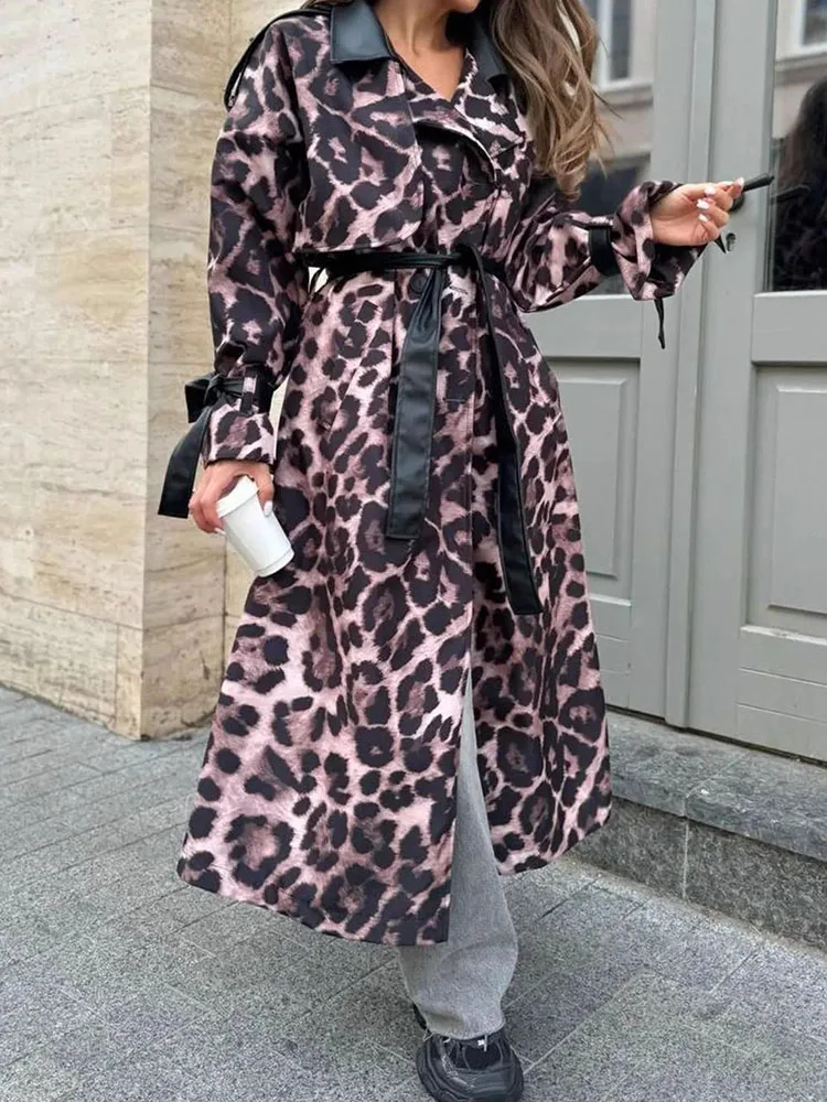 

Fashion Lapel Collar Leather Windbreaker Women Casual Long Sleeve Loose Long Jacket Elegant Leopard Print Lace-Up Patchwork Coat