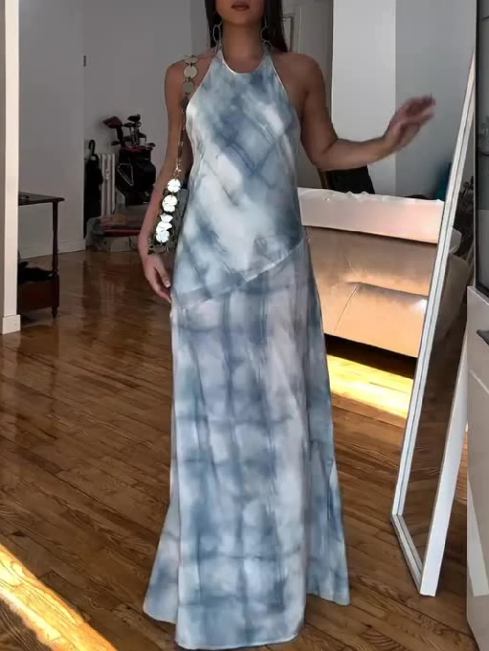 

Fashion Retro Printed Midi Dress Sexy Backless Design Dress Halter Neck Long Dress Holiday Elegant Party Dress