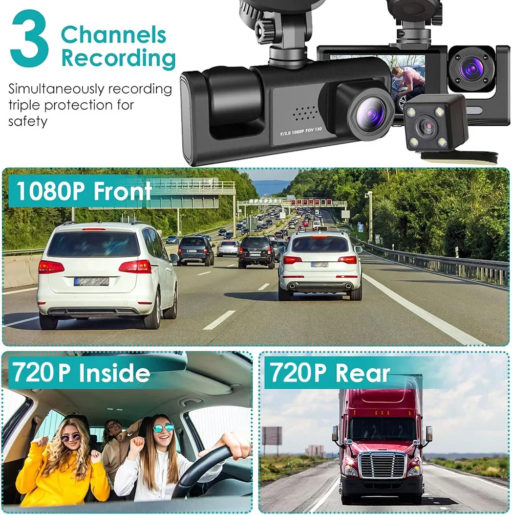 3Channels Car DVR 1080P Dash Cam for Cars Recorder Video Front + Interior car recording Registrator camera Car accessory