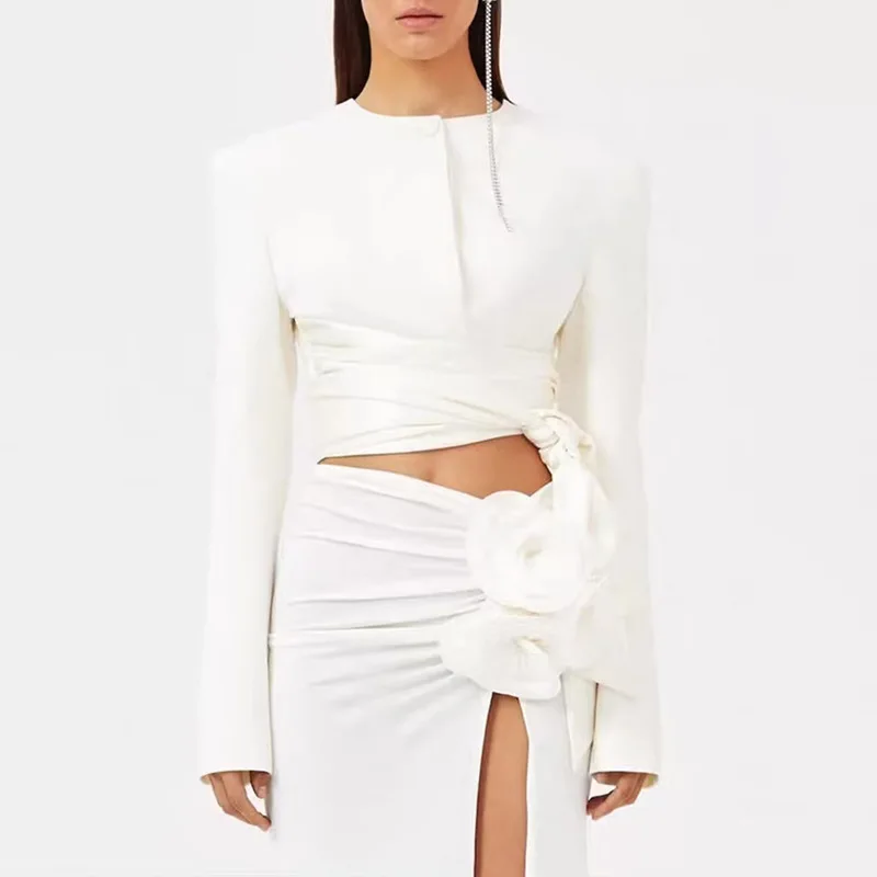 

Осенний модный однотонный женский пиджак с круглым вырезом и завязкой на талии и длинными рукавами