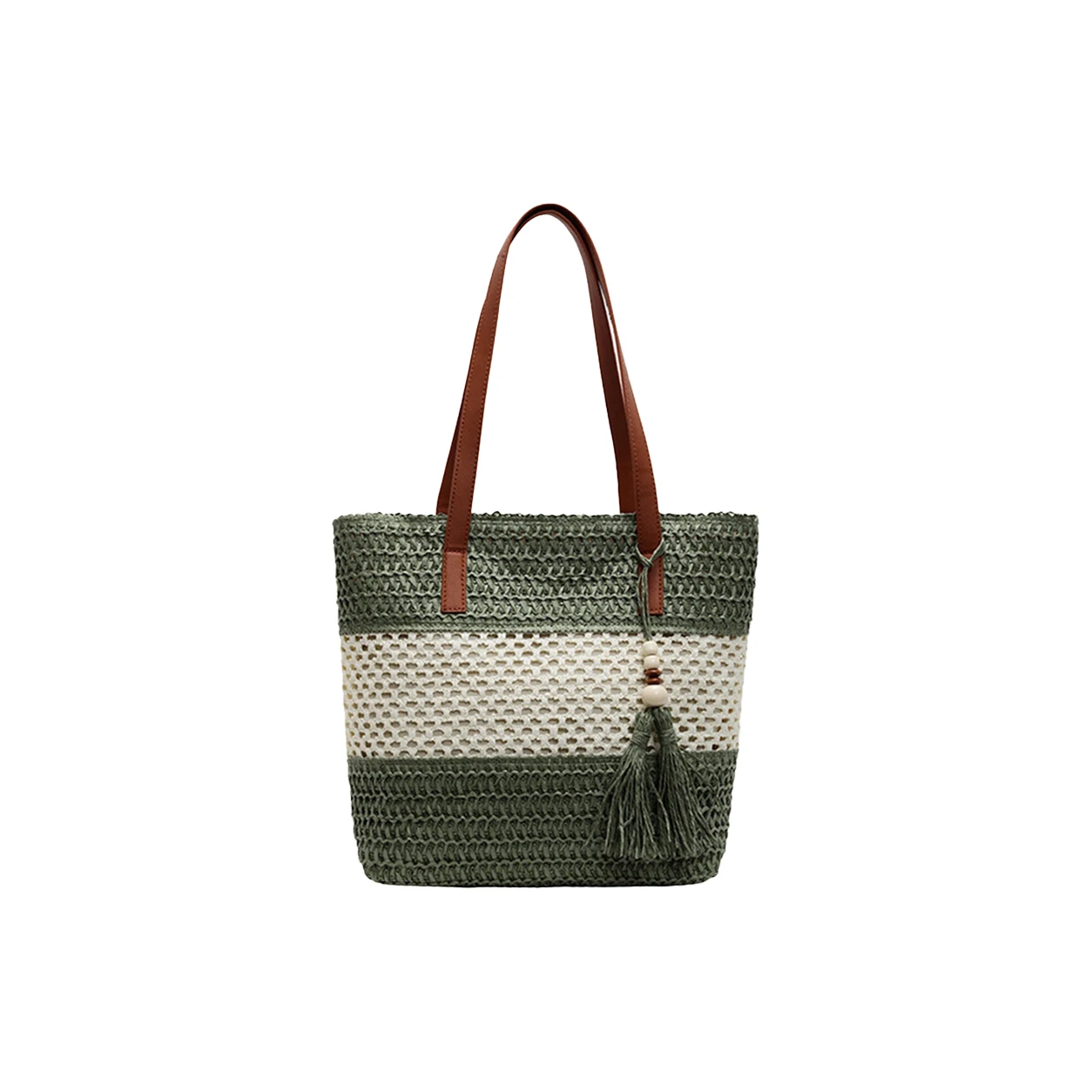 Casual Straw Woven Tote Bag Square Zipper Shoulder Bag Large Capacity With Leather Handle Vacation Beach Bag