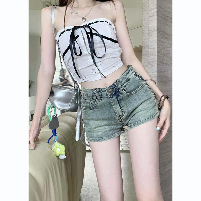 

High-Waist Side-Zipper Retro Denim Shorts Women Summer Thin Design Unique Sexy Tight Butt Shorts Wide Leg Hot Pants