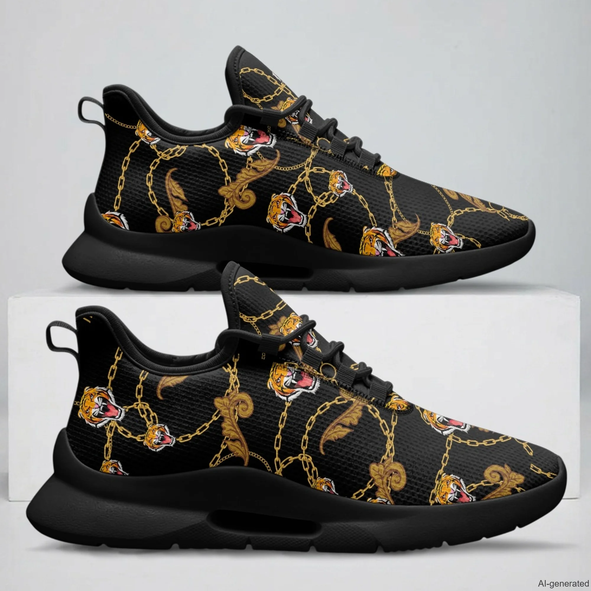 XIXIRIMIDO Lace-up Casual Shoes Men's Sneakers Breathable Mesh Walking Shoes Tiger Chain Print Women's Fashion Shoes 35-48