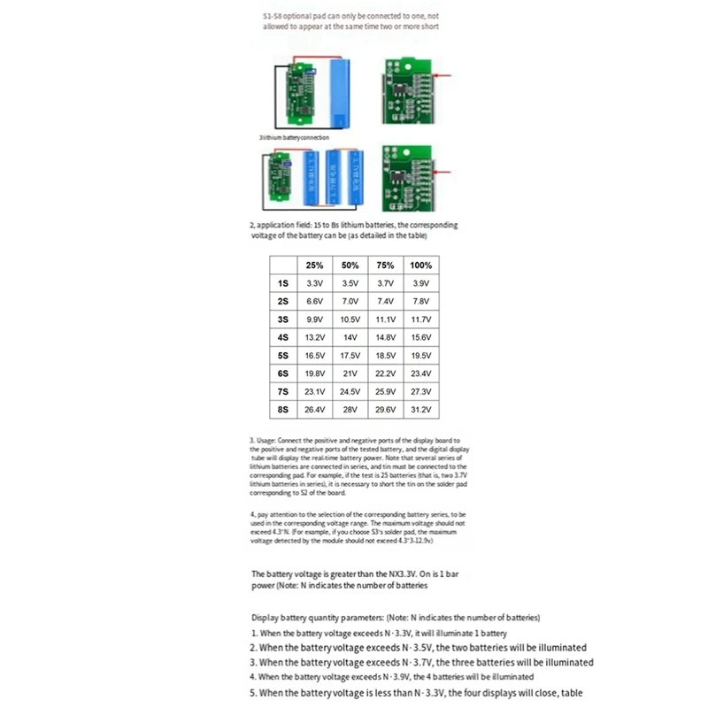 2ชิ้นเครื่องวัดแบตเตอรี่ลิเธียม1-8วินาทีแสดงโมดูลสีฟ้าสามสาย LED แบตเตอรี่ลิเธียมแผงแสดงสถานะชิ้นส่วนอะไหล่