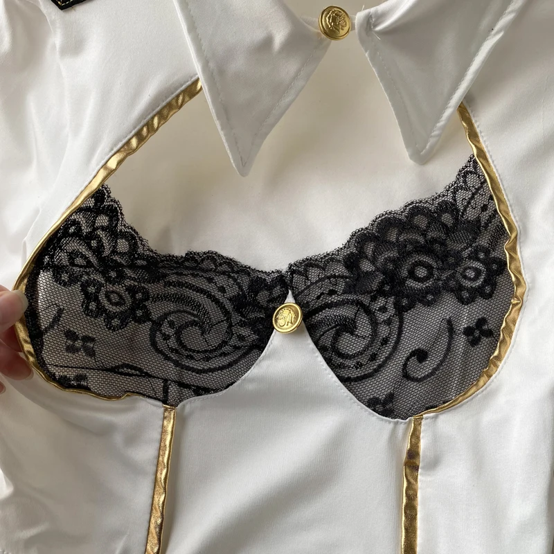 Women Officer Cosplay Lace Patchwork Hollowed Out Gold Border Crop Top With Gold Border Buttons A-line Mini Skirt Sexy Lingerie