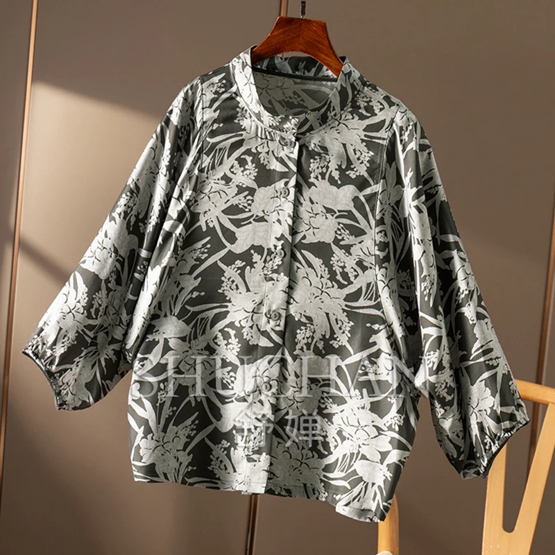 Twill Natural Silk Retro Printed Seven-quarter Sleeve Shirt Women 52A0 Blusas Femininas Elegantes Shirts for Women