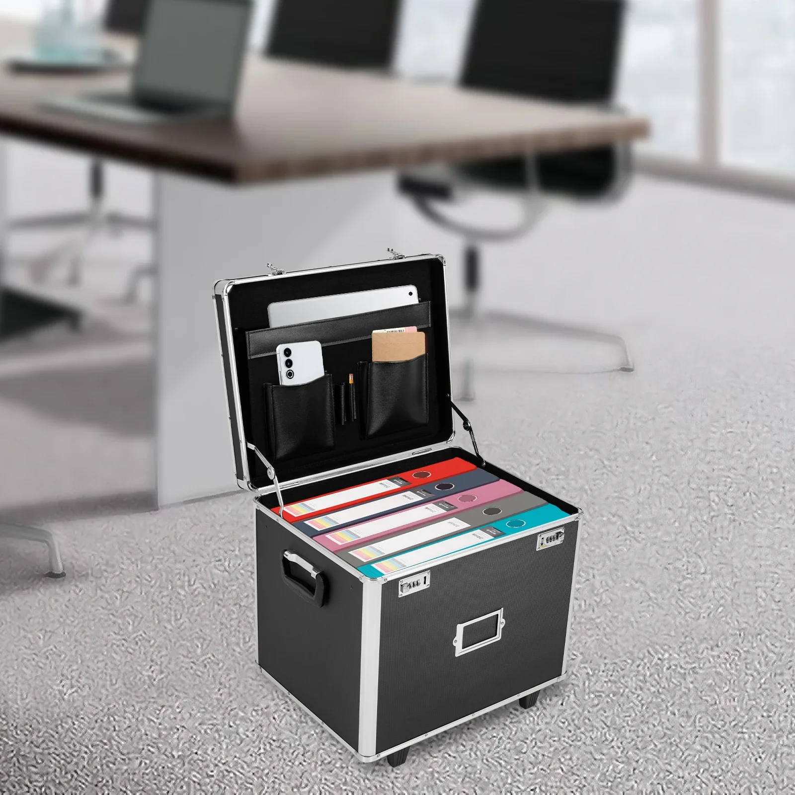صندوق ملفات ألومنيوم أسود بمقبض تلسكوبي - محمول وأنيق