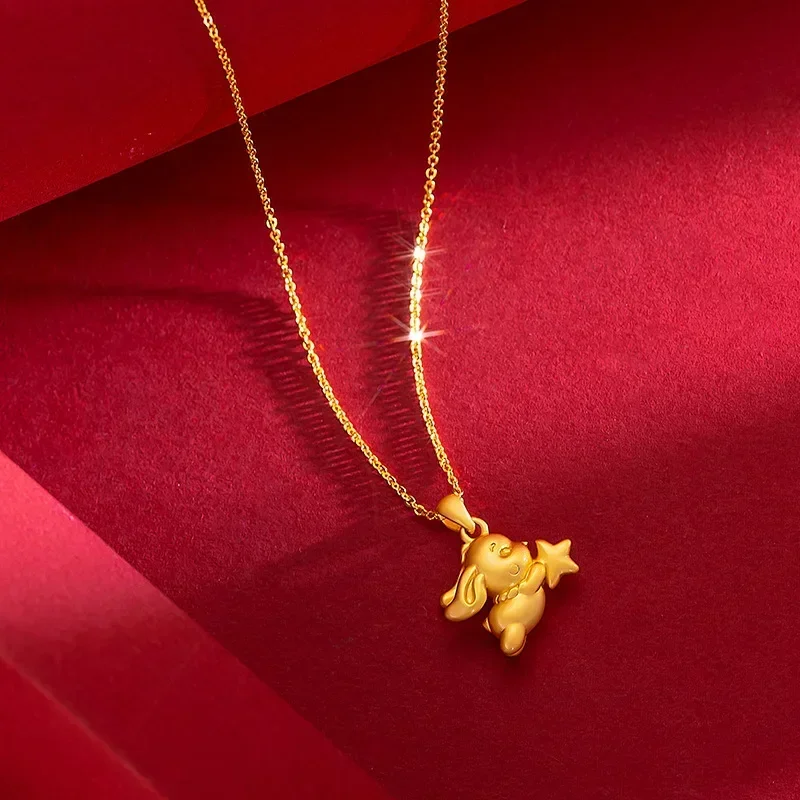

9999 Real Gold 24K Niche Design Feeling Sweet and Cute Star Rabbit Necklace Star Moon Rabbit Collarbone Chain Women's Jewelry