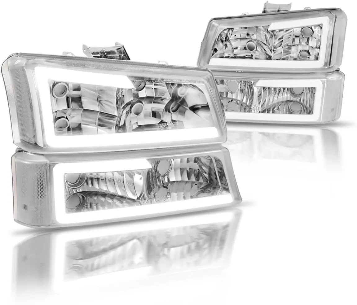 

LED DRL Tube Headlights Assembly with Bumper Lamp Set Compatible with 03-07 Chevy Silverado 1500 2500 3500 Compatible with 03-06
