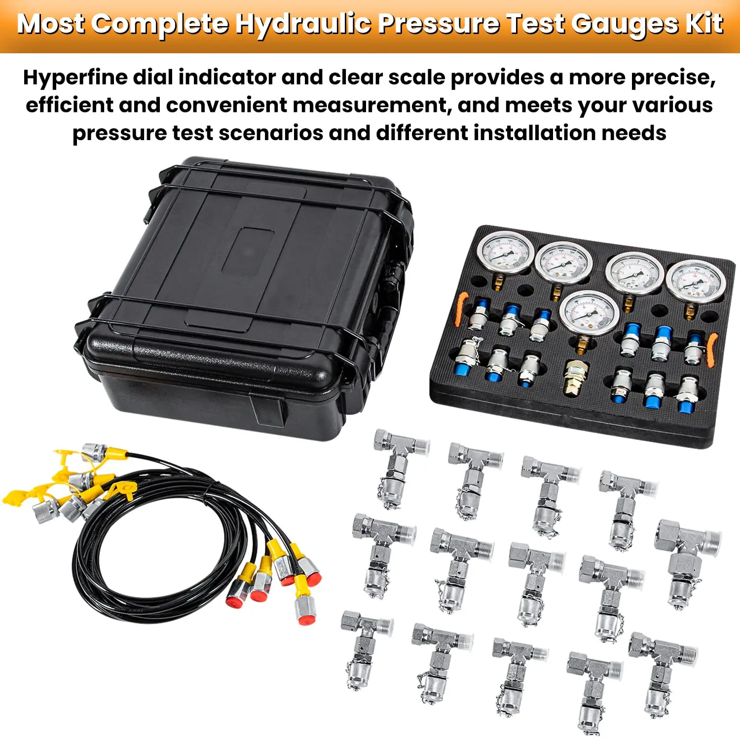 

Hydraulic Pressure Test Kit with 5 Gauges 13 Test Couplings 14 Tee Connectors 5 Test Hoses for Excavator Construction Machinery