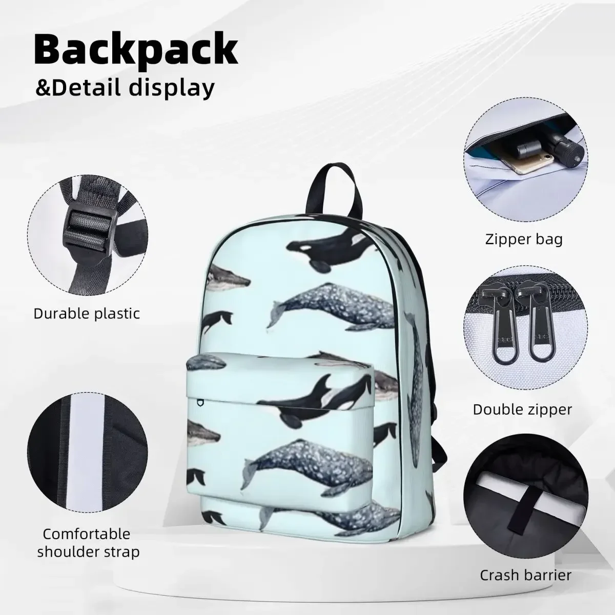 Orca, Humpback And Grey Whale Backpacks Boys Girls Bookbag Fashion Children School Bags Portability Laptop Rucksack Shoulder Bag