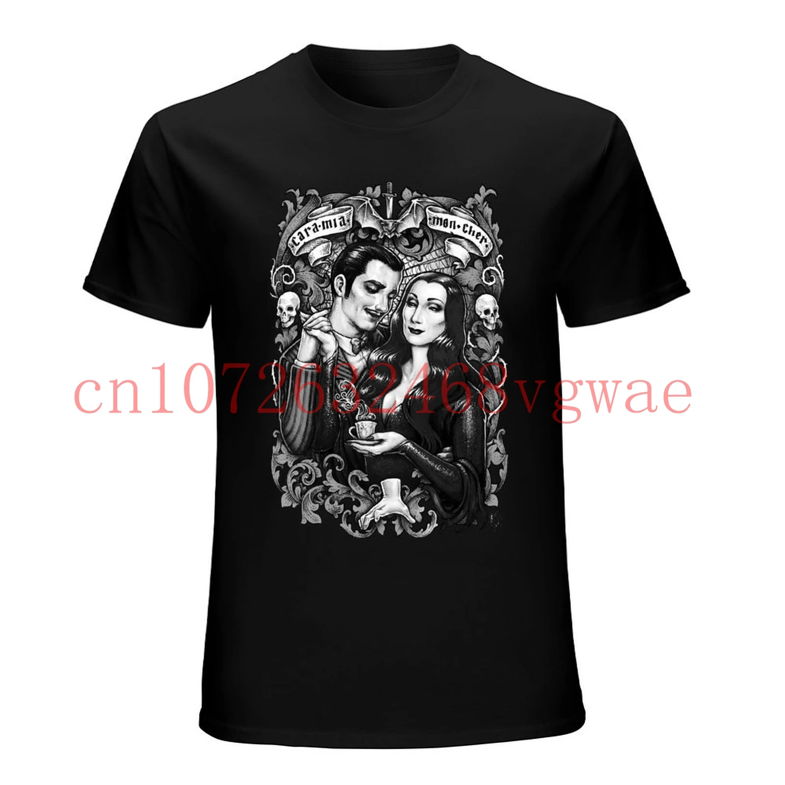 Cara Mia Mon Cher Morticia And Gomez Addams Parody Black T-Shirt S-4XL