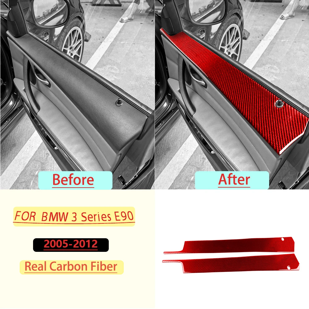 For BMW 3 Series E90 2005-2012 Car Front Door Window Trim Red Real Soft Carbon Fiber Interior Accessories Decoration Stickers