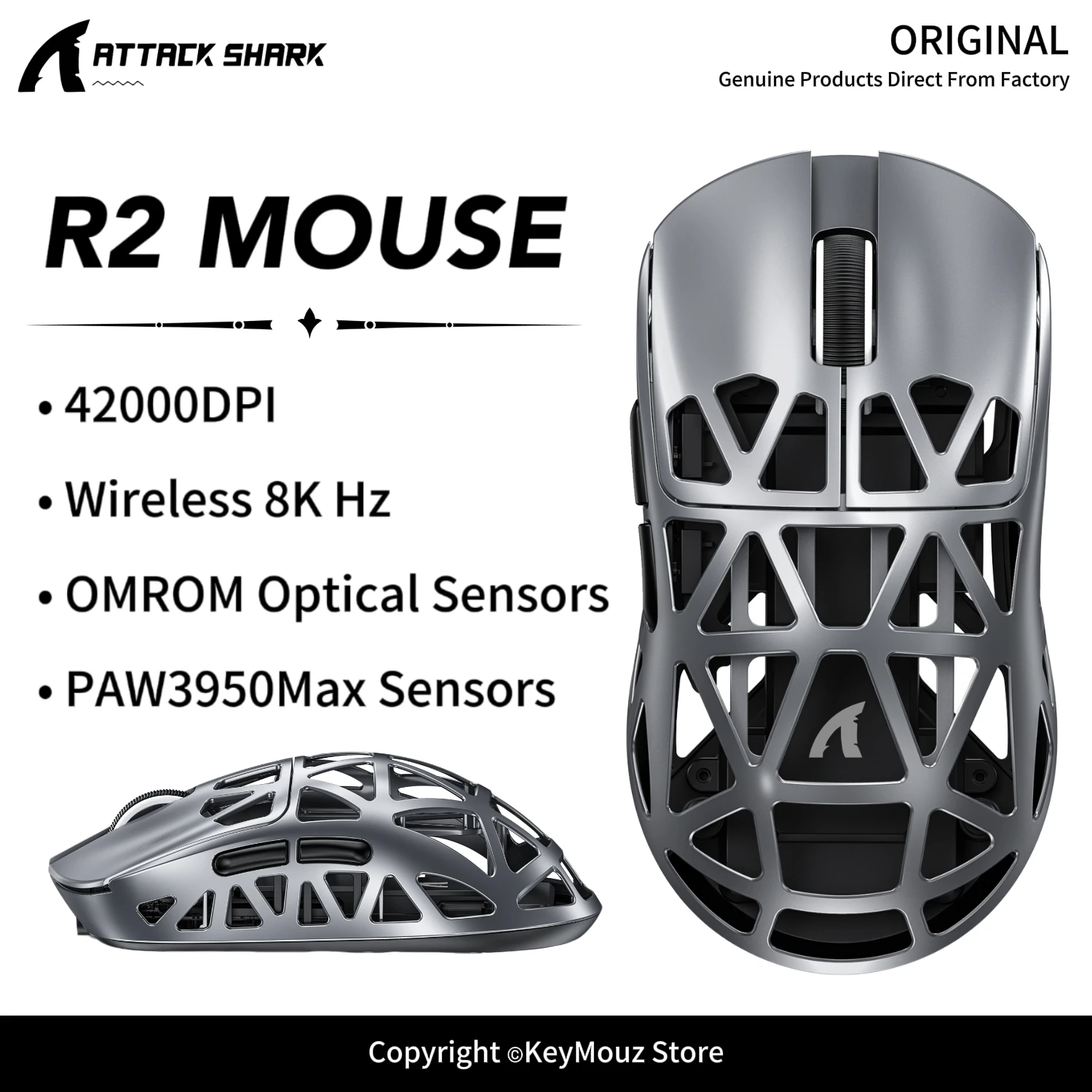 ATTACK SHARK R2 Magnesium Alloy Wireless 8K Gaming Mouse PAW3950Max 42K DPI Tri-Mode for FPS Pro