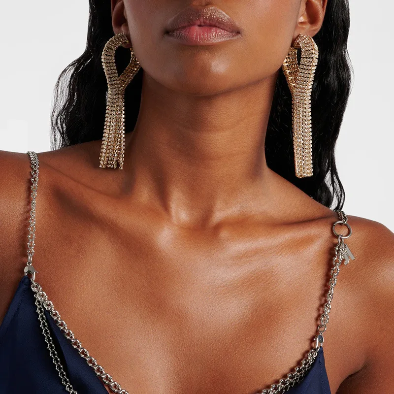 

Delicate Rhinestone Geometric Tassel Drop Earrings Jewelry Women Exaggerated Design Bridal Dangle Earrings for Wedding Gift