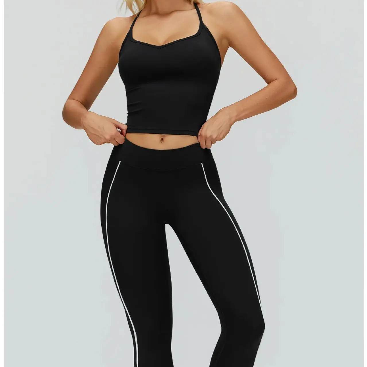 طقم يوجا مكون من قطعتين بألوان متباينة طقم رياضي بظهر مجوف ملابس رياضية نسائية بدلة رياضية عالية الخصر طقم حمالة صدر رياضية للياقة البدنية #6