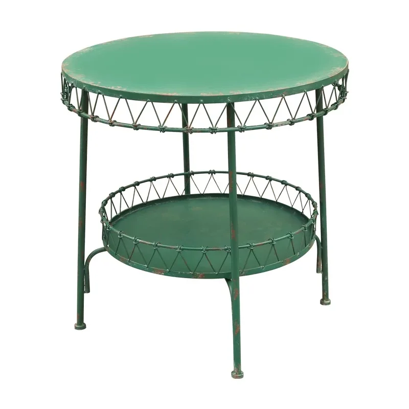 Vintage Distressed Round Iron Bistro Table, Green, 2-Tier with Wire Detail, Rustic Style, 30x30 In