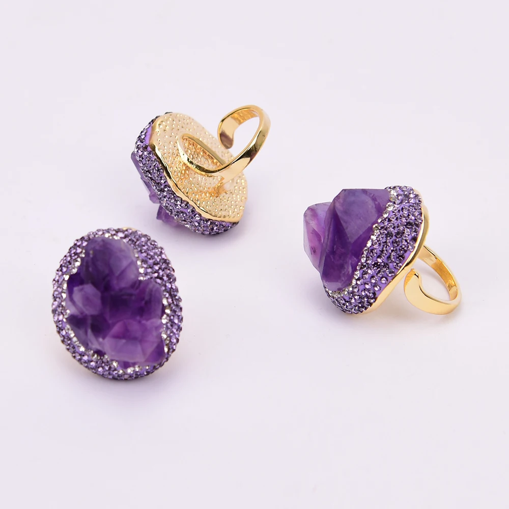 G-G Natural Amethsyt Druzy Rough Cluster Freedom Shape Trimmed With CZ Crystal Ring Adjustable Amethyst Rings