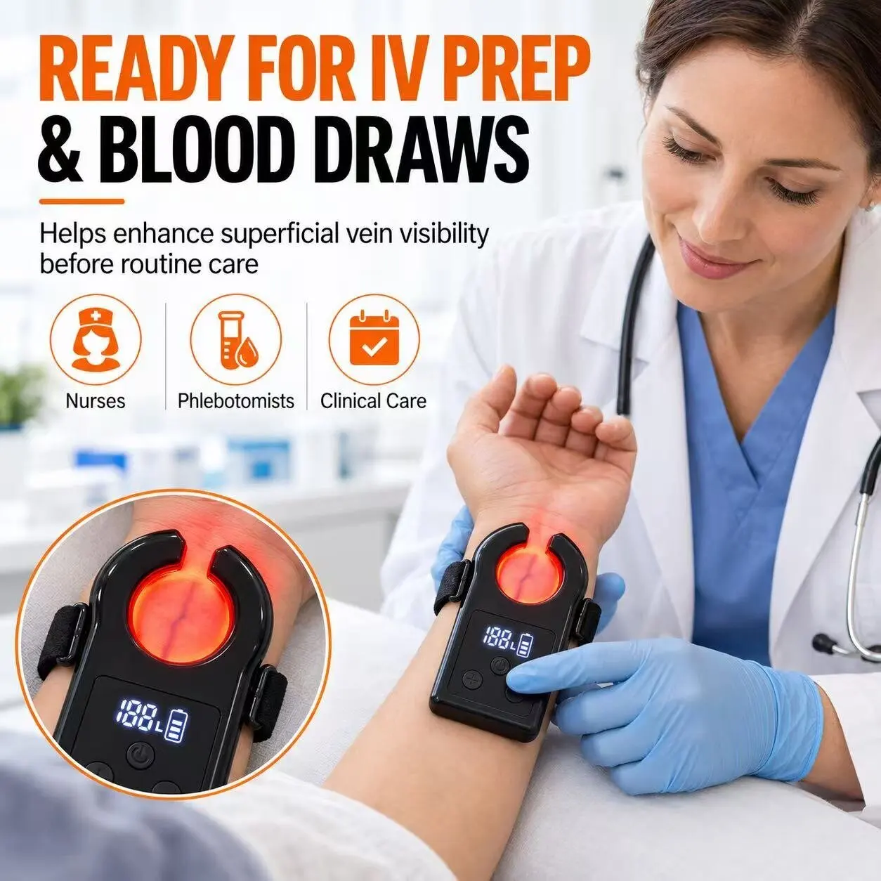 Hands-Free Vein Finder with Adjustable Wrist Strap 19 LED Red Light Vein Locator for IV Insertion Blood Drawing Clinic Home Care