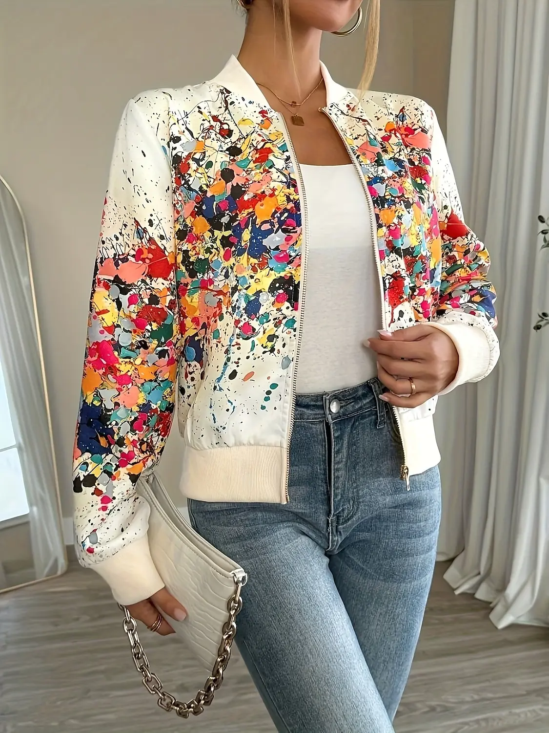 fashion Women's Floral Baseball Jacket, Quick Dry  Fabric, Zipper Pocket Design, Elegant Fall Casual Style