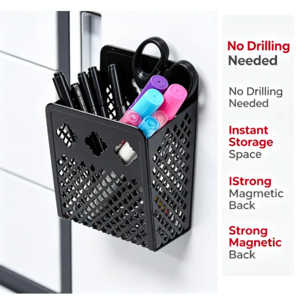 Magnetic Pen Holder - Magnetic Locker Organizer | Pen Holder Locker Accessory for Schools and Offices (Black, 1 piece)