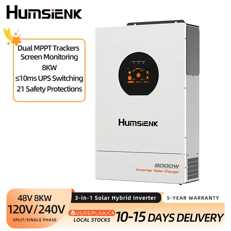 Humsienk 48V 8KW 3-in-1 Solar Hybrid Inverter, Dual MPPT, 120V/240V Split/Single Phase, 8KW Pure Sine Wave Output, Safety Protections, With USB/RS485/CAN, LCD Display & Remote Monitoring For Off-Grid System