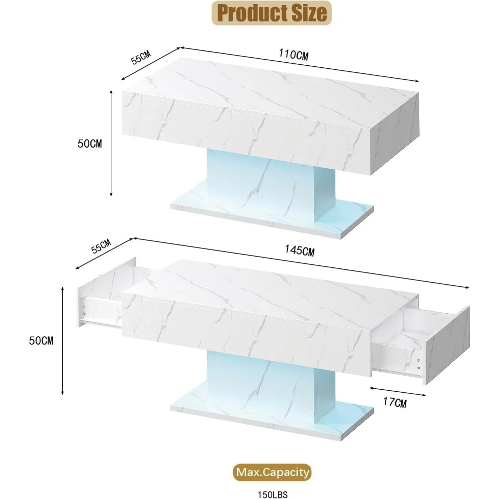 Modern Rectangular High Gloss White Marble LED Coffee Table with Storage Drawers for Living Room