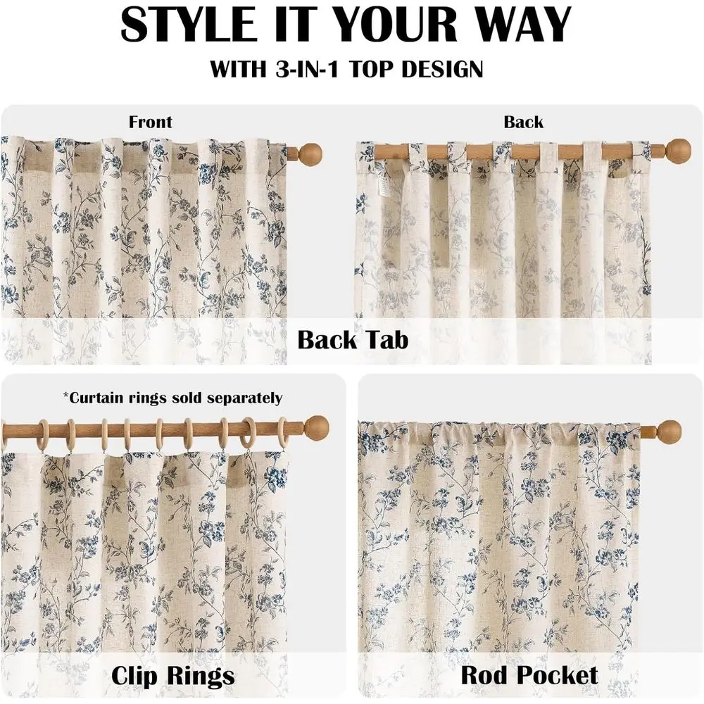 Tende in lino floreale blu per soggiorno e camera da letto, lunghezza 90, filtraggio della luce, set da 2 pannelli con tasca per asta e linguette posteriori